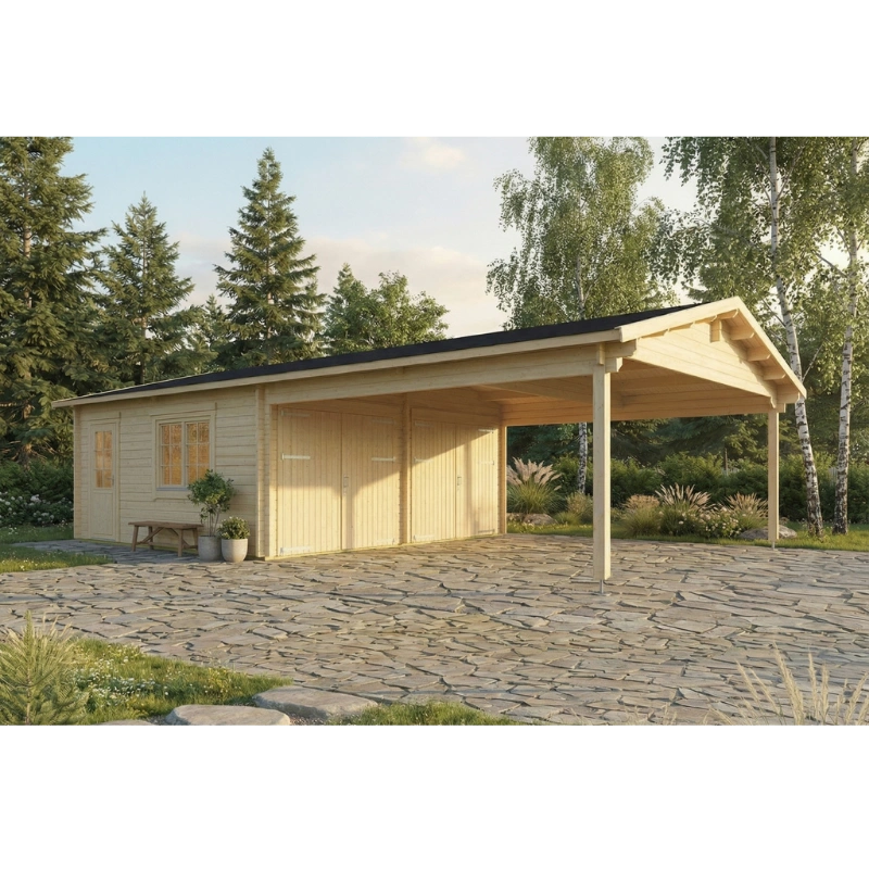 Puidust topeltgaraaž varjualusega Asia Insel Woodhouse - Javicar Puidust topeltgaraaž varjualusega Asia Insel Woodhouse - Javicar
